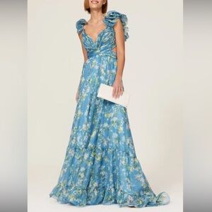 Max Duggal Leena Turquoise Blue Floral Ruffle Gown 67803